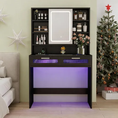 Miniatura 8 de Hadulcet Escritorio de tocador moderno negro con espejo LED de 3 modos, estación de carga y luces RGB, tocador pequeño con amplio almacenamiento
