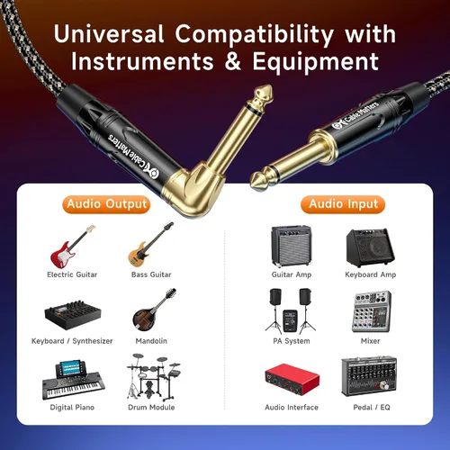 Miniatura 4 de Cable Matters Paquete de 2 cables trenzados para guitarra eléctrica TS en ángulo recto de 1/4 de pulgada, cable de guitarra recto a recto, cable