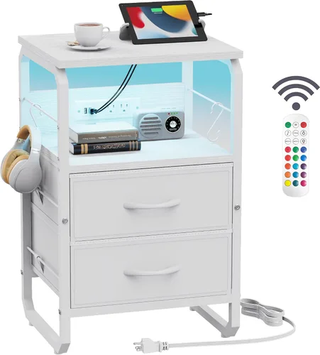 Miniatura 12 de runjuly Mesita de noche con luz, mesa auxiliar LED con cajones y estación de carga con puerto tipo C, pequeña mesa de noche con ganchos, cómoda