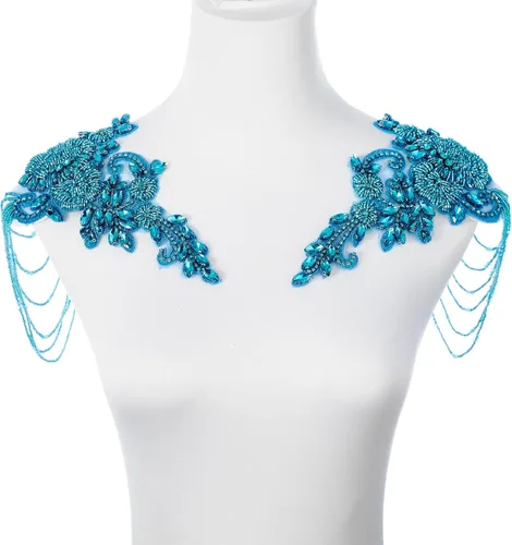Pareja de adornos de pedrería con cuentas en azul cielo, bordados de aplique para ropa, hombreras con pedrería de diamantes y lentejuelas para Dorado