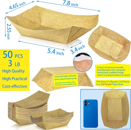 Miniatura 2 de Paquete de 50 bandejas de papel desechables de 3 libras, bandeja de papel kraft grande de alta resistencia, cuencos para aperitivos, palomitas