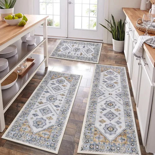 Miniatura 22 de HEBE - Juego de alfombras de cocina bohemias de 3 piezas con corredor, alfombras de cocina antideslizantes y tapetes lavables para piso de cocina