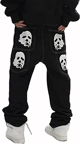 SKYWPOJU Pantalones de mezclilla con bordado de calavera para hombre estilo vintage hip hop de los años 90 con diseño de patineta