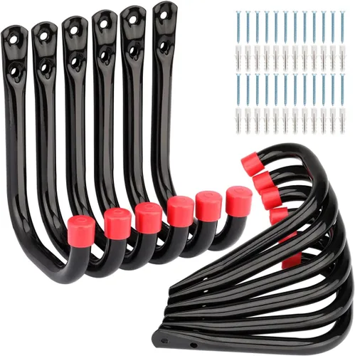 Paquete de 12 ganchos en J de almacenamiento de garaje, perchas resistentes de 4.1 pulgadas para montaje en pared, color negro y rojo, 5.6 x 4.1 x