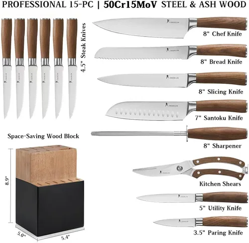 Miniatura 2 de Kangdelun Natura Series Juego de 15 Cuchillos con Bloque, Acero Inoxidable de Alto Carbono Ultra Afilado con Mango de Madera