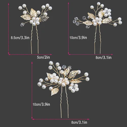 Miniatura 3 de 3 pinzas para el cabello de hoja dorada y perlas de cristal blancas para niñas y mujeres, damas de honor y niñas de flores, pinzas para el cabello