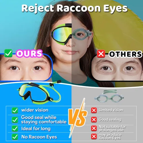 Miniatura 6 de Vvinca Gafas de natación para niños con correa elástica amplia visión anti niebla UV máscara de piscina gafas para 3-10 niños pequeños niñas niños