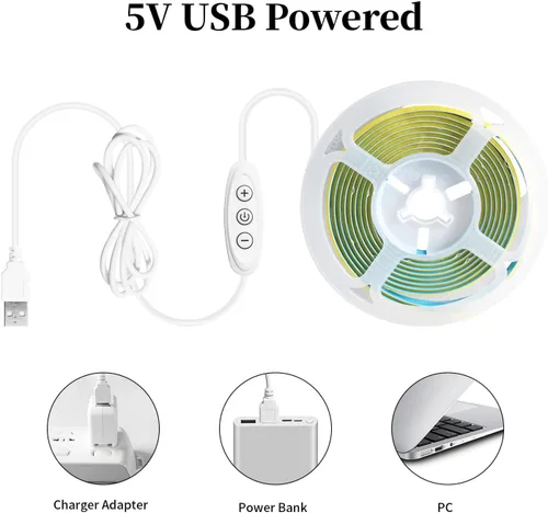 Miniatura 7 de iNextStation Tira de luz LED COB azul de 6.6 pies, tira LED COB de 5 V USB 640 LED con atenuador, CRI 93+, luces LED COB flexibles