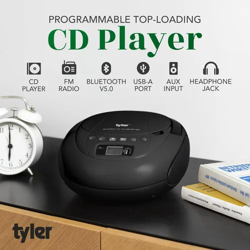 Miniatura 2 de Tyler Reproductor de CD portátil Boombox con radio FM, Bluetooth y puerto USB Sonido estéreo claro Compatible con CD-R/RW y MP3 CDs Entrada