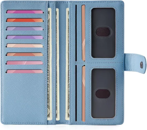Miniatura 11 de Unilily Cartera delgada para mujer, con bloqueo RFID, de piel vegana, plegable, tarjetero con 2 ventanas de identificación y bolsillo con Verde