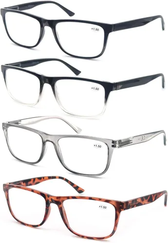 Miniatura 8 de Gafas de lectura 1.50 de gran tamaño cuadradas para hombres lectores marco negro paquete de 4, anteojos cómodos y ligeros para leer con bisagra
