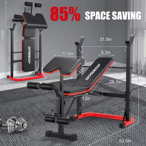 Miniatura 4 de OPPSDECOR Foldable Weight Bench Set with Preacher Curl Pad and Squat Rack, 660LBS Adjustable Bench Press with Leg Extension and Leg Curl, Incline