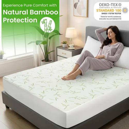 Miniatura 2 de Hannah Linen Protector de colchón de bambú, 100% impermeable, funda de colchón individual – Funda de colchón de bolsillo profundo ajustable de hasta