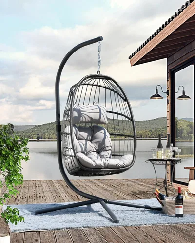 Miniatura 3 de FREDEES Silla colgante con forma de huevo con soporte, silla colgante de exterior con cojín para patio/porche/balcón/interior (Gris claro)