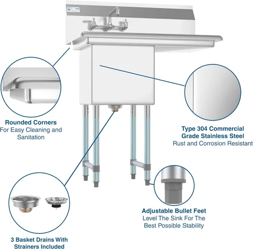 Miniatura 7 de KoolMore SA151512-15R3FA - Fregadero de cocina comercial NSF de acero inoxidable con 1 escurridor derecho, patas cruzadas y grifo, tamaño del tazón