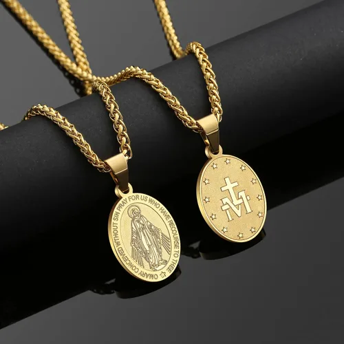 Miniatura 4 de RS Collar de Virgen María para hombre medalla milagrosa de acero inoxidable colgante de María de la Virgen medallón de María dije de Santa María