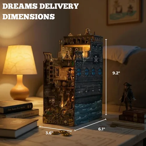 Miniatura 5 de Dreams Delivery - Kit de rincón de libro, barco pirata de 172 piezas, kit de casa en miniatura LED para bricolaje, rompecabezas de madera 3D, kit