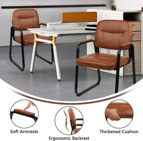 Miniatura 5 de CLATINA Sillas de recepción de espera sin ruedas, silla de invitados de cuero con brazos acolchados, modernas sillas de escritorio de oficina marrón