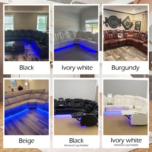 Miniatura 6 de Juego de sofá modular reclinable eléctrico para sala de estar, juego de sofá reclinable de cuero con luces LED / almacenamiento oculto, sofá