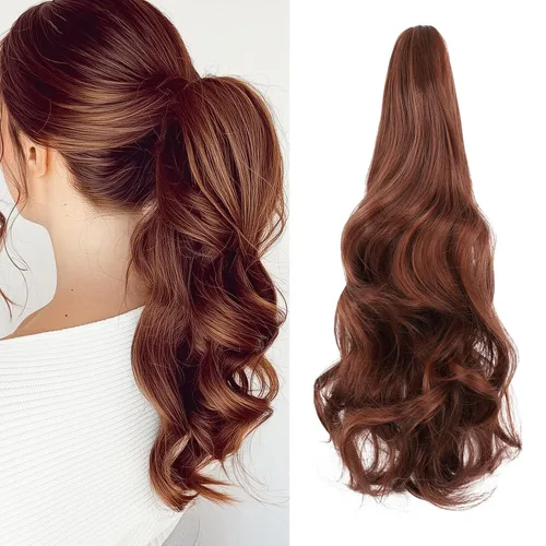 Miniatura 34 de Felendy Extensión de cola de caballo de 18 pulgadas, mezcla de rubio ceniza, marrón oscuro, rizado, ondulado, con clip, extensiones de cabello largo