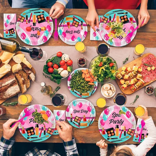 Miniatura 7 de Kepeel 96 piezas de platos y servilletas para fiesta de spa, suministros de decoración para fiesta de maquillaje de día de spa para niñas, niñas