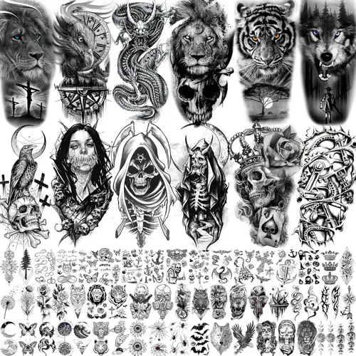 Miniatura 11 de 60 hojas de tatuajes temporales 3D de león y tigre geniales para hombres y mujeres, tatuajes falsos pequeños y aterradores de diablo, calavera