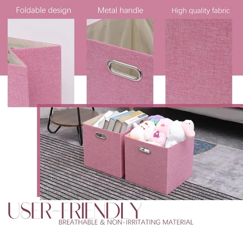Miniatura 4 de Cajas Organizadoras de Almacenamiento de Cubo Rosa 33x33x33 cm, Juego de 4 Cajas de Organización Plegables con Asas, Cajas de Almacenamiento Rosa
