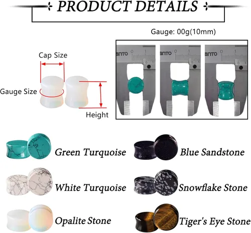 Miniatura 5 de Qmcandy - Juego de 6 pares / 16 pares de dilatadores para las orejas, de piedra mixta, expansores, conjunto de perforación corporal calibre 8G a 3/4