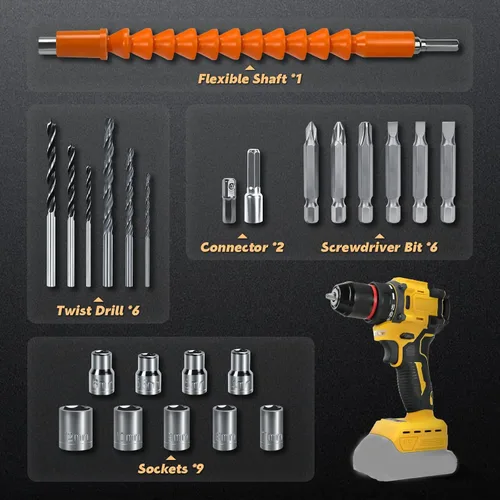 Miniatura 7 de Taladro inalámbrico, taladro eléctrico para batería Dewalt de 20 V, destornillador sin escobillas con 2 velocidades variables, par de torsión 25+1