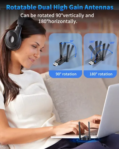 Miniatura 7 de ZEXMTE Adaptador Bluetooth 6.0 para PC, receptor transmisor Bluetooth USB de doble antena Plug & Play, largo alcance de 656.2 ft/656 pies, chip