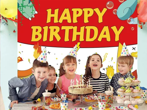Miniatura 2 de Telón de fondo de dibujos animados de cumpleaños de 5.9 x 3.6 pies, fondos de fotografía rojos y blancos para niños, suministros de fiesta de feliz