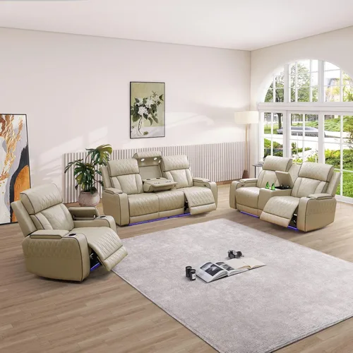 Miniatura 26 de Sofá reclinable eléctrico, sillón reclinable de cuero con LED/almacenamiento, sillón reclinable de cine en casa de 3 plazas, sofá de cuero negro