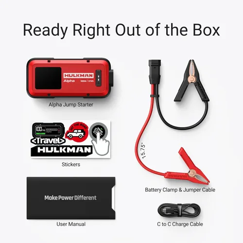 Miniatura 8 de Arrancador de batería Hulkman Alpha, Rojo Ultra, Arrancador de 1000 A, 37 Wh, ligero, elegante, caja de arranque de 12 V con cables de puente