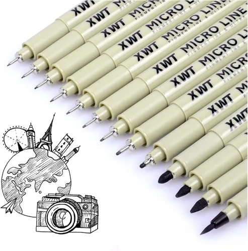12+1 Bolígrafos de Línea Fina para Dibujo Artístico, Juego de Tinta Pigmento Negra Impermeable para Artistas, Bocetos, Manga, Acuarela, Caligrafía y