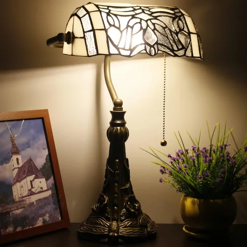 Miniatura 2 de Tiffany Banker - Lámpara de mesa pequeña con vitrales, estilo Tiffany, luz de piano, blanco, estilo curvado, lámpara de escritorio, ángulo