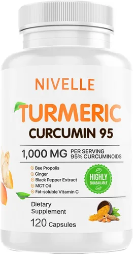 NIVELLE Curcumina de cúrcuma | Suplemento de curcumina de cúrcuma pura de 1000 mg | 95% de curcuminoides con propóleos de abeja, jengibre, aceite
