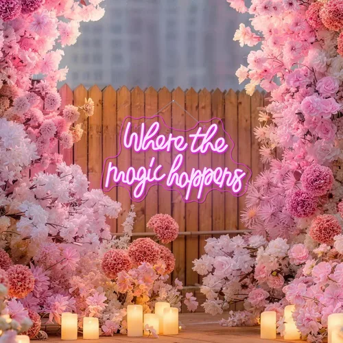 Miniatura 2 de Letrero de neón con texto en inglés "Where The Magic Happens" con luz LED rosa para decoración de pared, letras alimentadas por USB, luz de neón