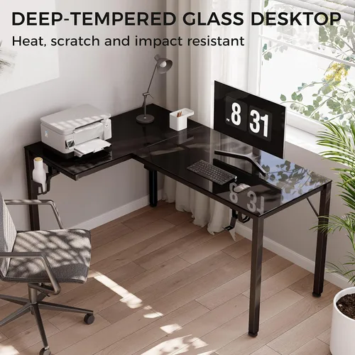 Miniatura 8 de EUREKA ERGONOMIC Escritorio de Juegos en Forma de L Reversible de 60 Pulgadas de Vidrio Negro con Luces LED RGB, Mesa de Computadora para Oficina