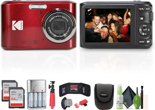 Kodak Pixpro FZ45 - Cámara digital (rojo) El paquete incluye: 2 tarjetas de memoria de 64 GB, baterías recargables, estuche para cámara, trípode