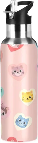 Cute Cartoon Cat Stainless Steel Water Bottle 32 Oz, BPA-Free Sports Water Bottle with Straw Leakproof Water Bottles