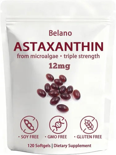 BELANO Nuvapure Astaxantina 12 mg, fácil de tragar, sin OMG, suministro de 4 meses, 120 cápsulas blandas