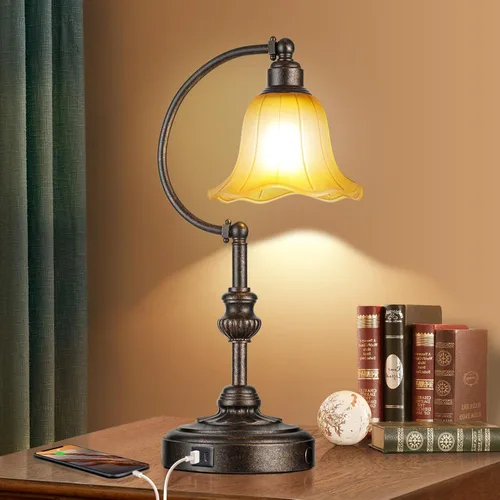 Miniatura 2 de RORIA Touch Farmhouse - Lámpara de mesa para sala de estar, lámpara de mesa de noche rústica regulable de 3 vías con puertos USB A+C, lámpara retro
