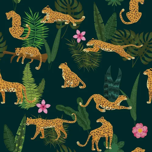 CHIHUT Papel Tapiz Tropical de Leopardo Salvaje Despegar y Pegar Selva Verde Oscuro Hoja de Palma Guepardo Papel Tapiz para Habitación de Niños