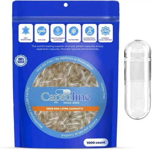 Miniatura 7 de Capsuline Tamaño 000 - Cápsulas vacías transparentes de gelatina - 1000 unidades - Cápsulas vacías de gel - Relleno de cápsula de píldora bovina