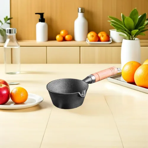 Miniatura 7 de Sartén de hierro fundido calentador de mantequilla, mini sartén de huevo, salsa de sopa de hierro, olla de fusión con mango de madera para cocinar