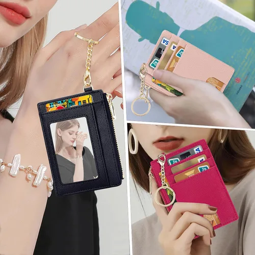 Miniatura 6 de Suweibuke - Billetera delgada de bolsillo, con bloqueo RFID, tarjetero para tarjetas de crédito, mosquetón en D, ventana para identificación