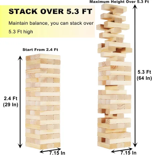 Miniatura 2 de Juego de torre gigante de 60 piezas, juegos al aire libre para adultos y familias, bloques de madera de alta calidad de 5.3 pies con bolsa