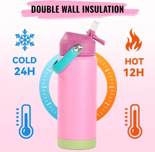 Miniatura 4 de Fijinhom Botella de agua aislada de acero inoxidable de 18 oz, de boca ancha, de doble pared, con vacío, con pajita de silicona, a prueba de sudor