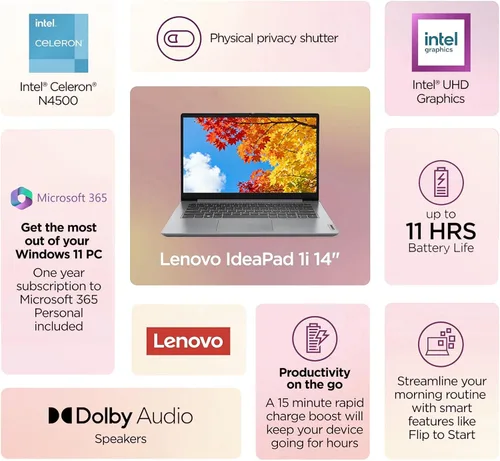 Miniatura 3 de Lenovo IdeaPad 1 1i - Laptop de 14 pulgadas con Microsoft 365 de 1 año, procesador Intel, 4 GB de RAM, 128 GB eMMC + 128 GB SSD, lector de tarjetas