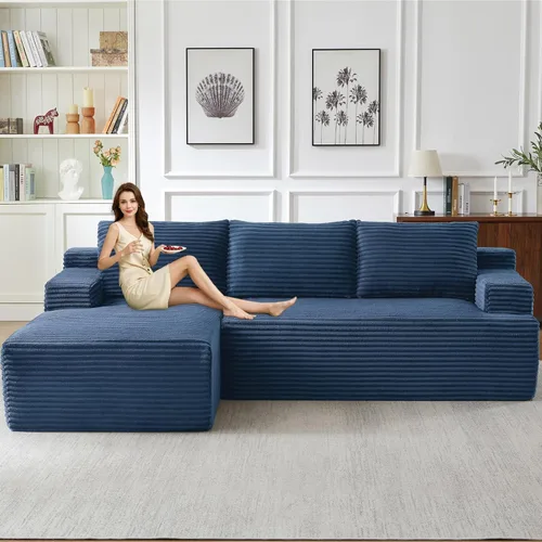 Miniatura 13 de Sofá seccional modular de 96", sofá en forma de L tipo nube sin estructura con chaise lounge, tapizado de pana con asiento profundo de espuma Negro